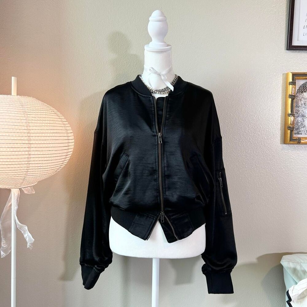 Open Edit black satin slouchy bomber jacket S